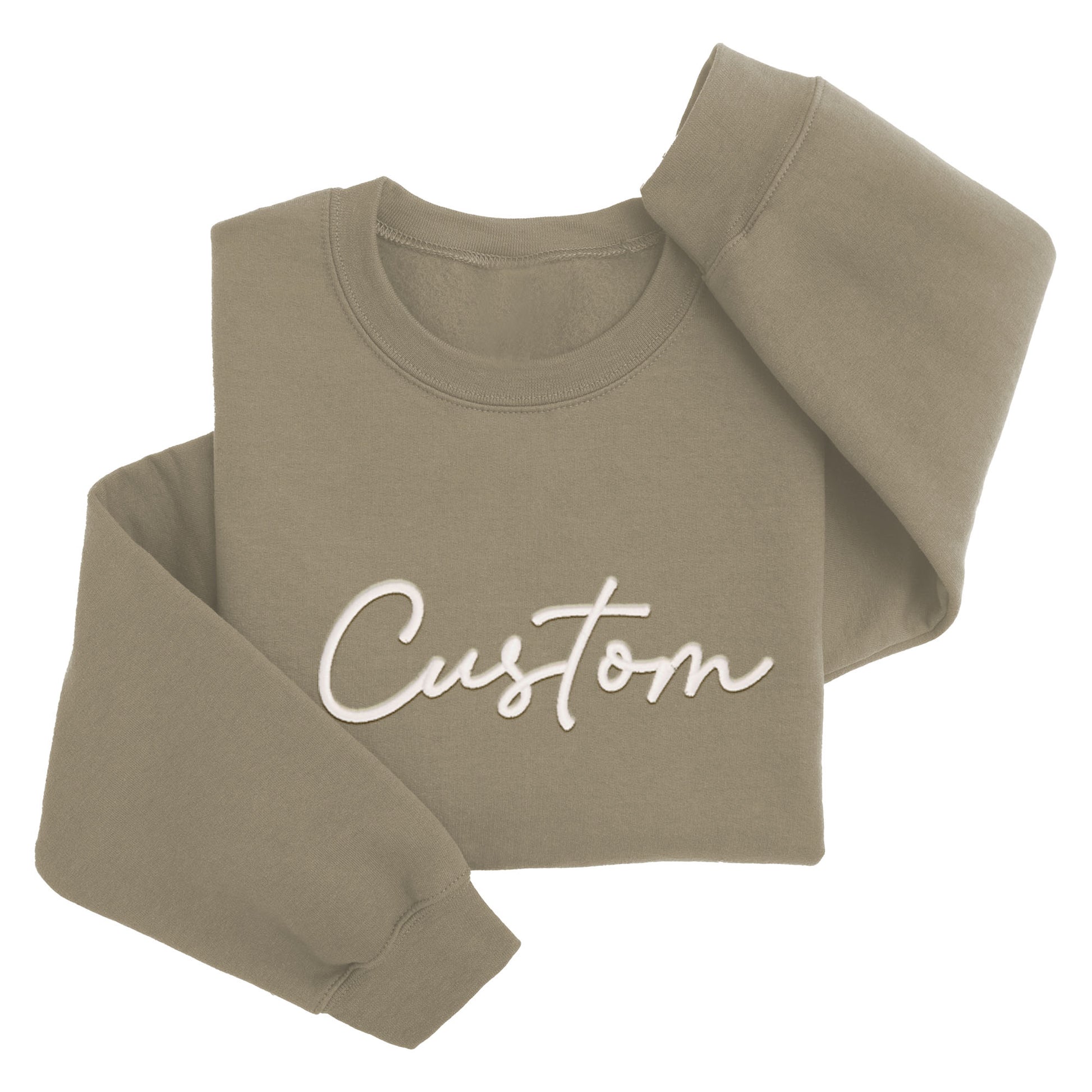 A beige sweatshirt with the word "Custom" printed on it in white cursive text.