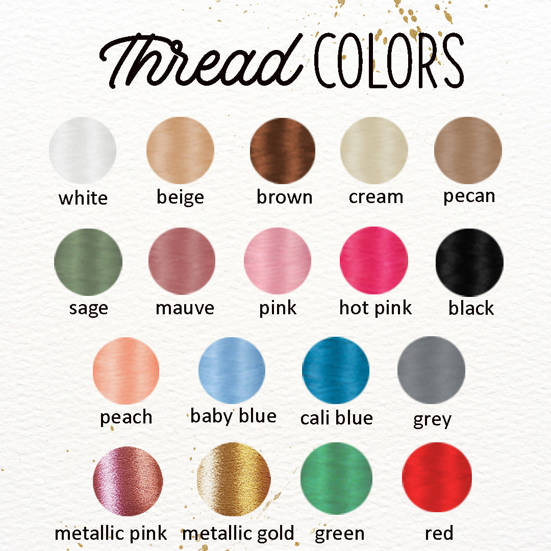a collection of twelve different thread colors, each with a unique color and label. The colors include white, beige, brown, cream, pecan, sage, mauve, pink, hot pink, black, sage, mauve, peach, baby blue, cali blue, grey, metallic pink, metallic gold, green, and red.