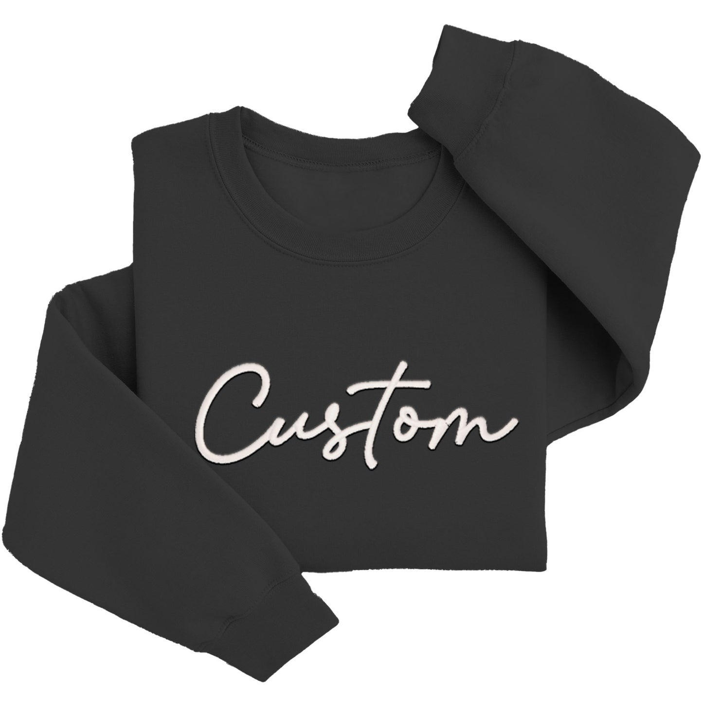 A black sweatshirt with the word "Custom" printed on it in white text.