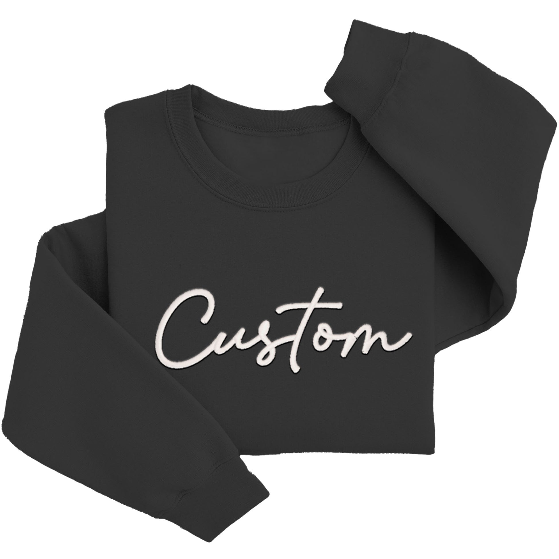 A black sweatshirt with the word "Custom" printed on it in white text.