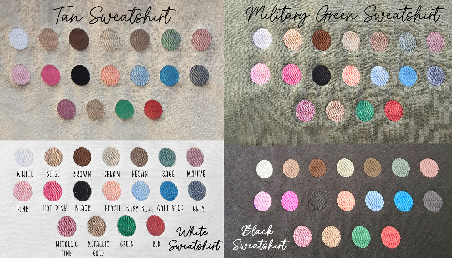 The image is a collage of four images, each depicting a different type of sweatshirt color: Tan Sweatshirt, Military Green Sweatshirt, White Sweatshirt, and Black Sweatshirt. The images showcase the various colors and shades available for these types of sweatshirts.