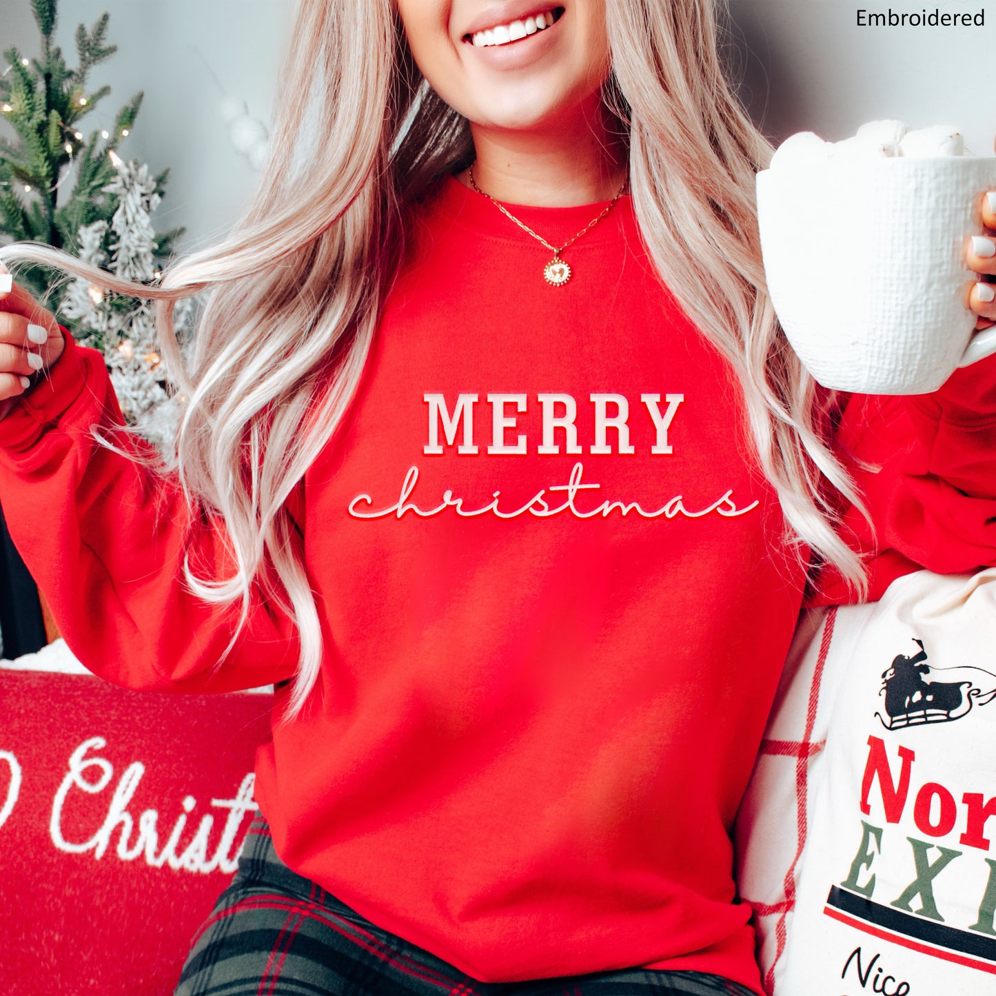 Embordered Christmas Sweatshirt Christmas Sweater Holiday Sweater H63