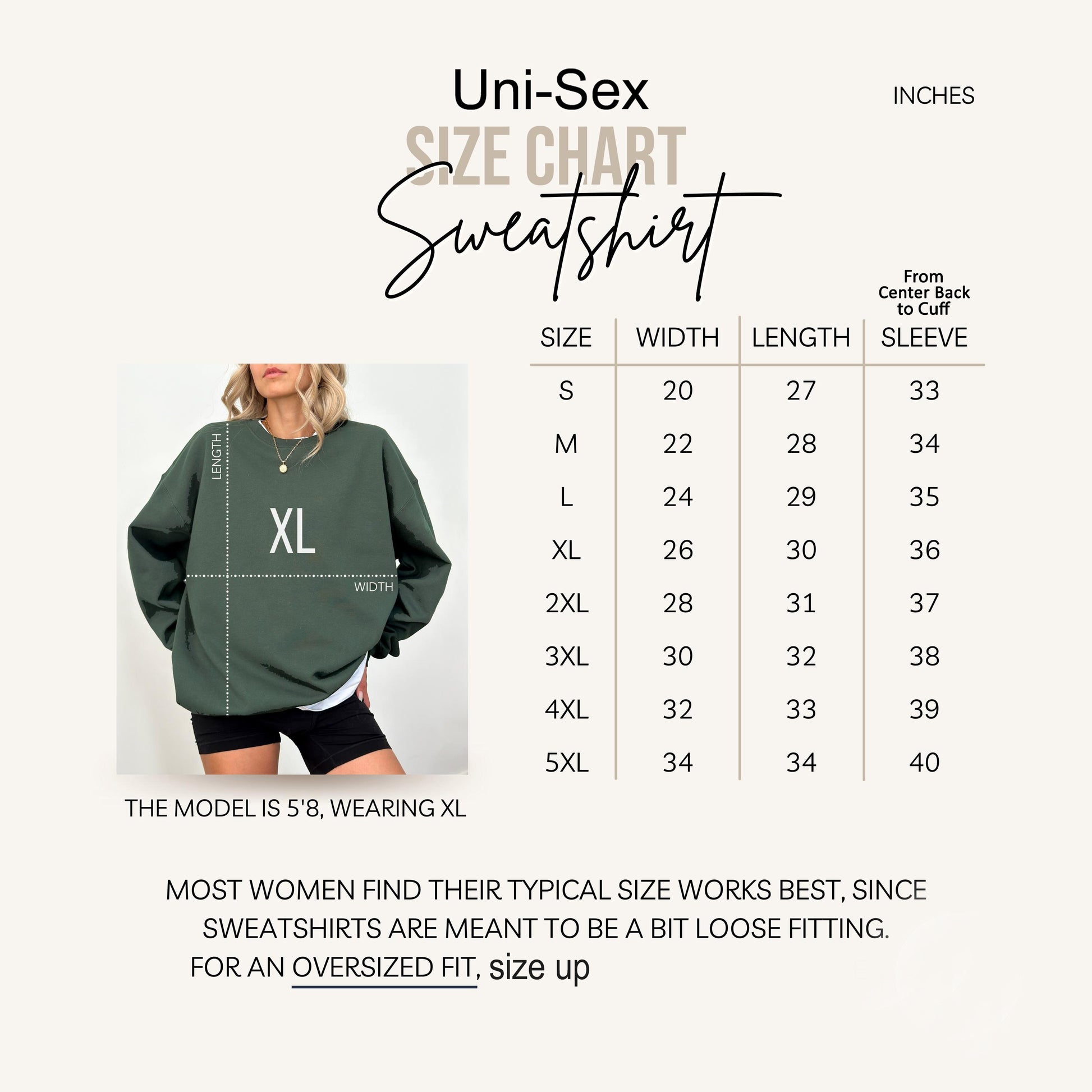 The image is a size chart for a sweatshirt, showing the measurements for different sizes.