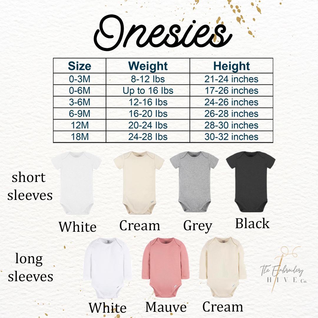 a collection of baby onesies in various sizes and colors, along with their corresponding weight and height measurements.