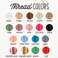a collection of twelve different thread colors, each with a unique color and label. The colors include white, beige, brown, cream, pecan, sage, mauve, pink, hot pink, black, sage, mauve, peach, baby blue, cali blue, grey, metallic pink, metallic gold, green, and red.