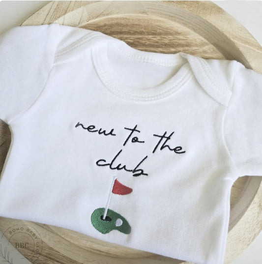 Embroidered New to the Club ONESIES® Golfing Baby Bodysuit D4