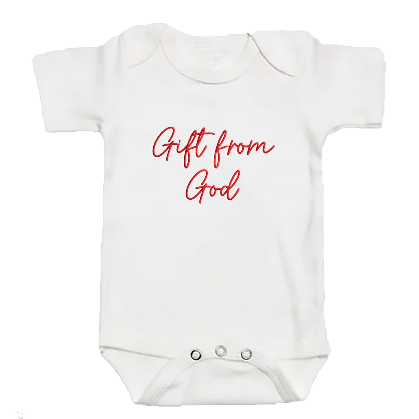 A white colored baby bodysuit with "gift from god" embroidered on the front in red thread