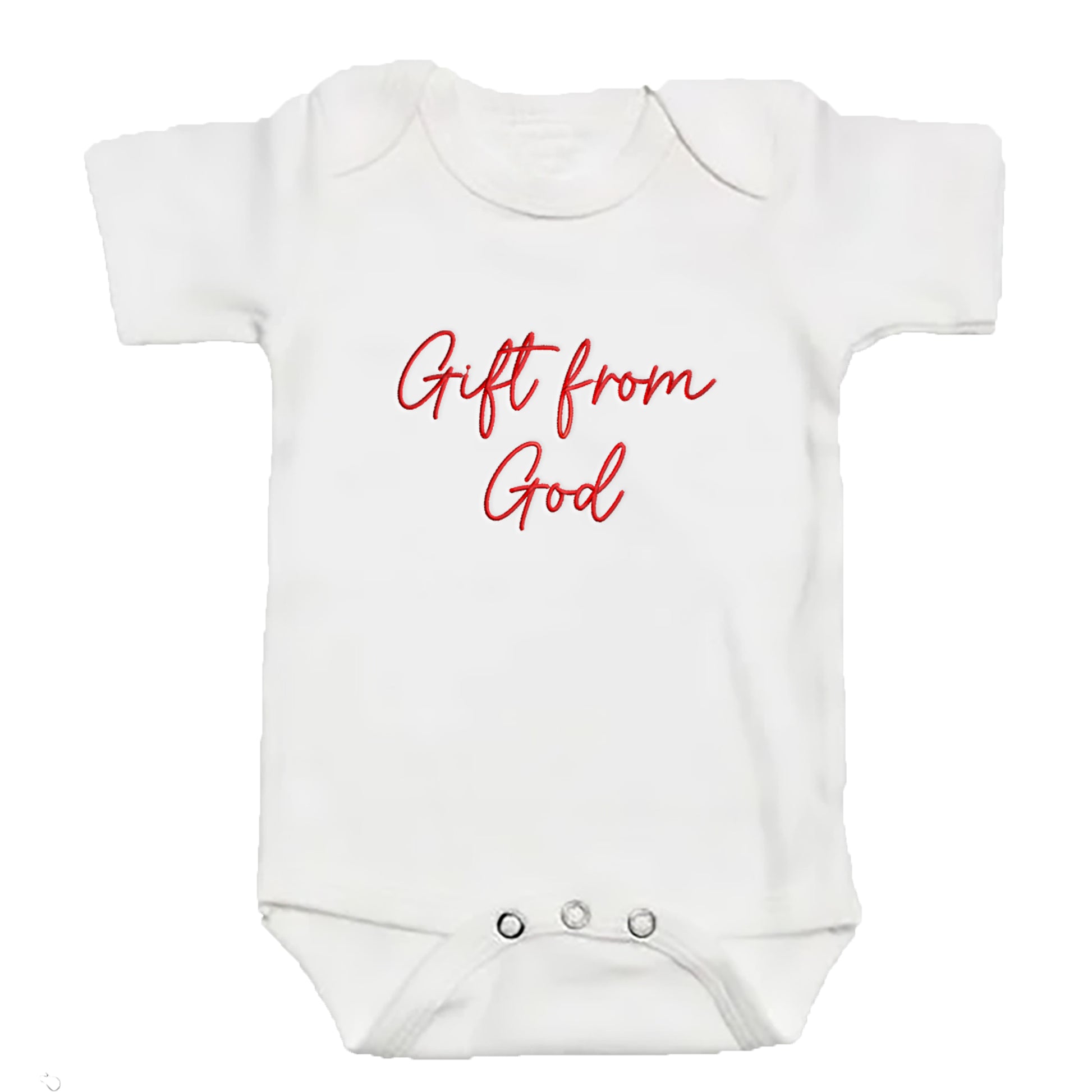 A white colored baby bodysuit with "gift from god" embroidered on the front in red thread
