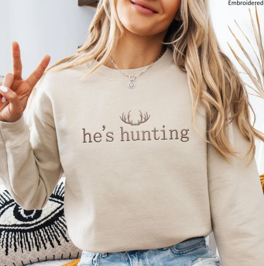 Embroidered He's Hunting Sweatshirt featuring a simple stag horn motif E52