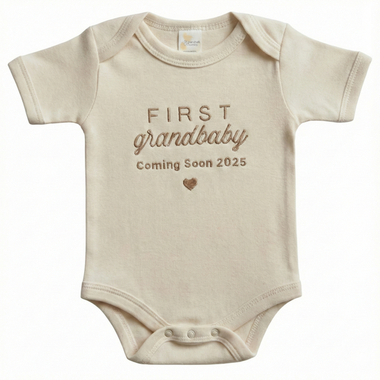 Embroidered FIRST Grandbaby Coming Soon with Date ONESIES® Bodysuit Z15