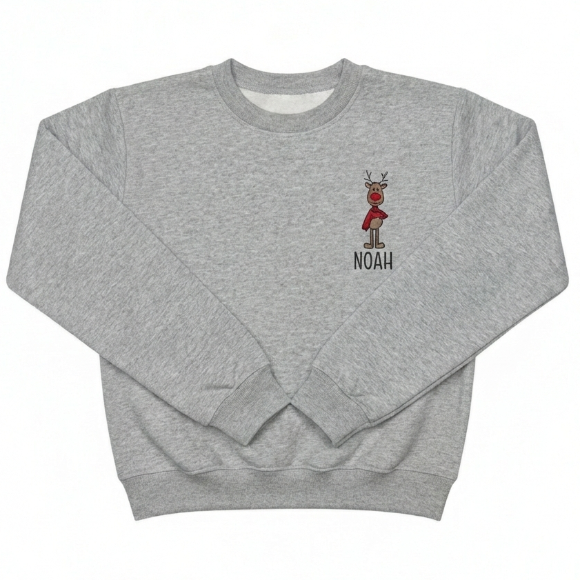 A heathered grey sweatshirt with the name "NOAH" and a reindeer embroidered on the front