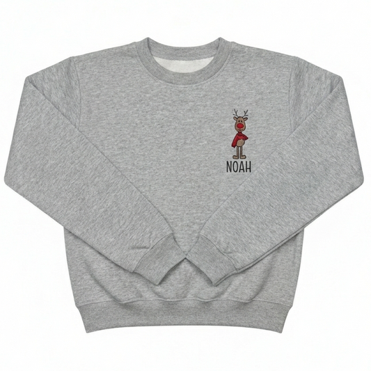 A heathered grey sweatshirt with the name "NOAH" and a reindeer embroidered on the front