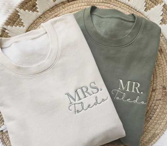 Embroidered Matching Mr. and Mrs. Custom Name Optional Date Adult Sweatshirt, newlyweds and wedding anniversaries X1 X46