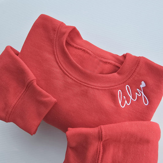 Embroidered Custom Name Toddler Sweatshirt Youth Sweatshirt, set along the neckline with a heart motif Z219