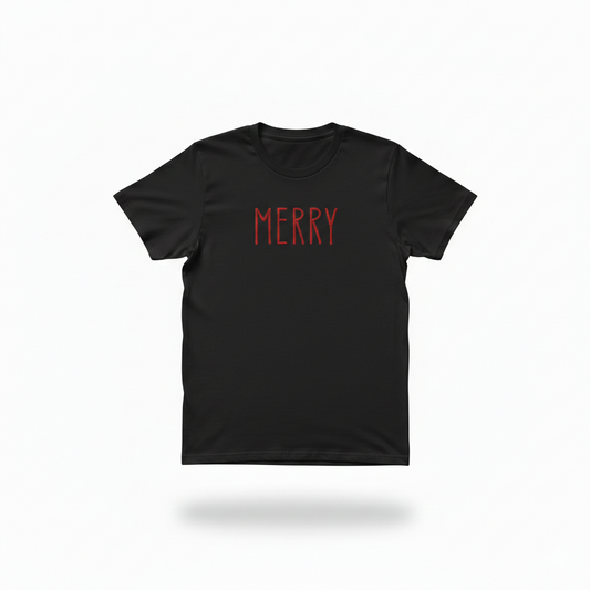 A black T-Shirt with the word "Merry" embroidered on the front in red thread