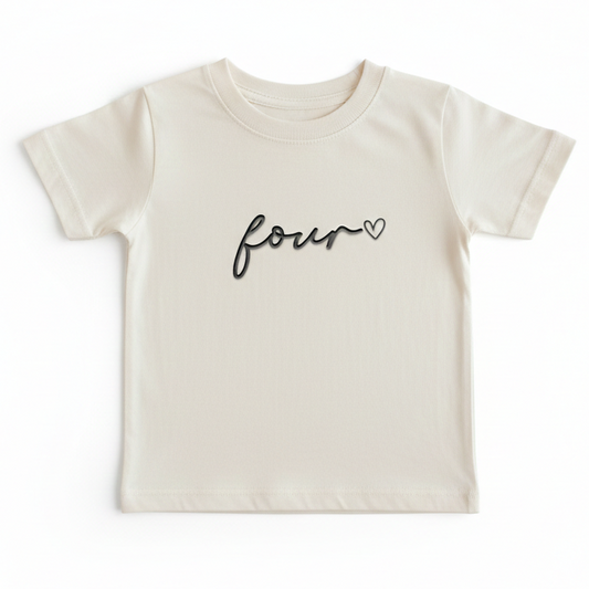 A beige T-Shirt with the word "four" and a heart embroidered on the front in  black thread
