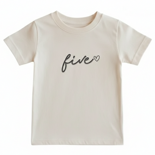 A beige T-Shirt with the word "five" and a heart embroidered on the front in black thread
