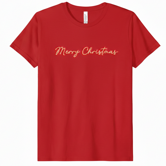 A red T-Shirt with the words "Merry Christmas" embroidered on the front in gold thread