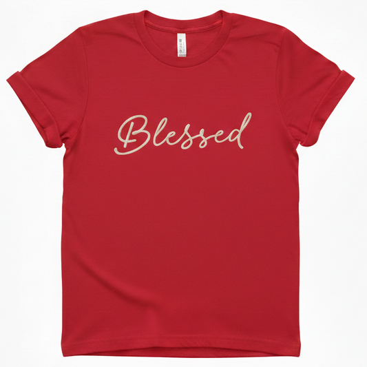 A red T-Shirt with the word "Blessed" embroidered on the front in white thread