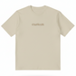 A tan T-Shirt with the word "custom" embroidered on the front in gold thread