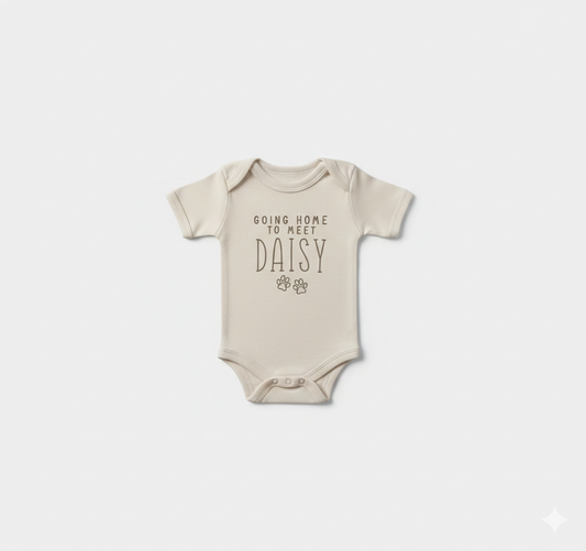 A cream colored baby bodysuit with "Going Home to Meet Daisy" and two paw prints embroidered on the front in gold thread