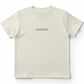 A cream colored T-Shirt with the word "custom" embroidered on the front in bronze thread