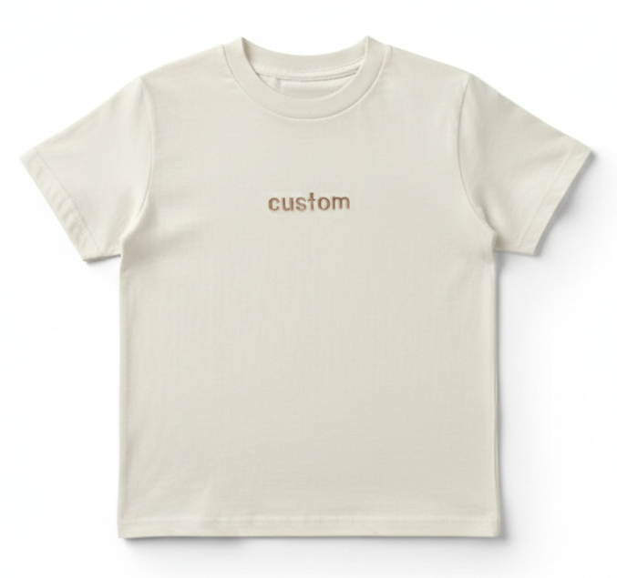 A cream colored T-Shirt with the word "custom" embroidered on the front in bronze thread