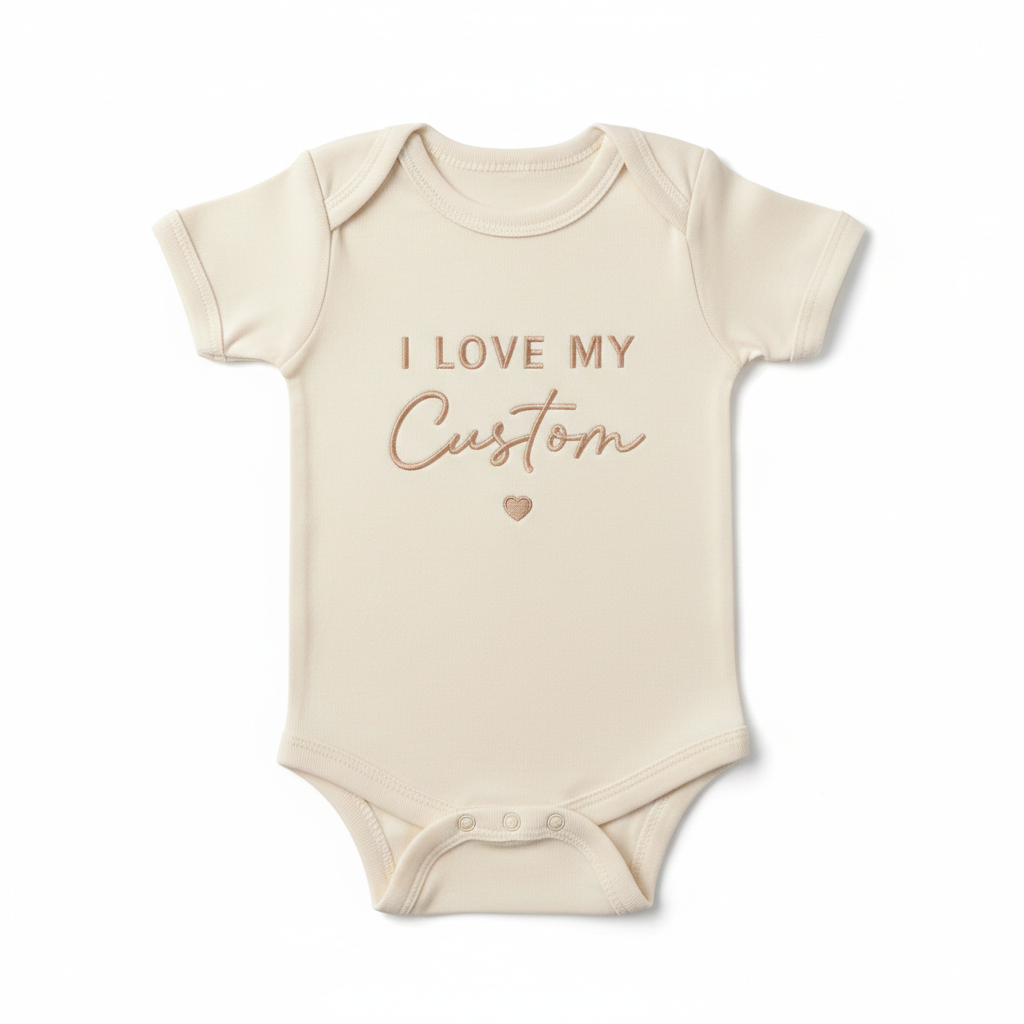 A cream colored baby bodysuit with "I Love My Custom" embroidered on the front in gold thread