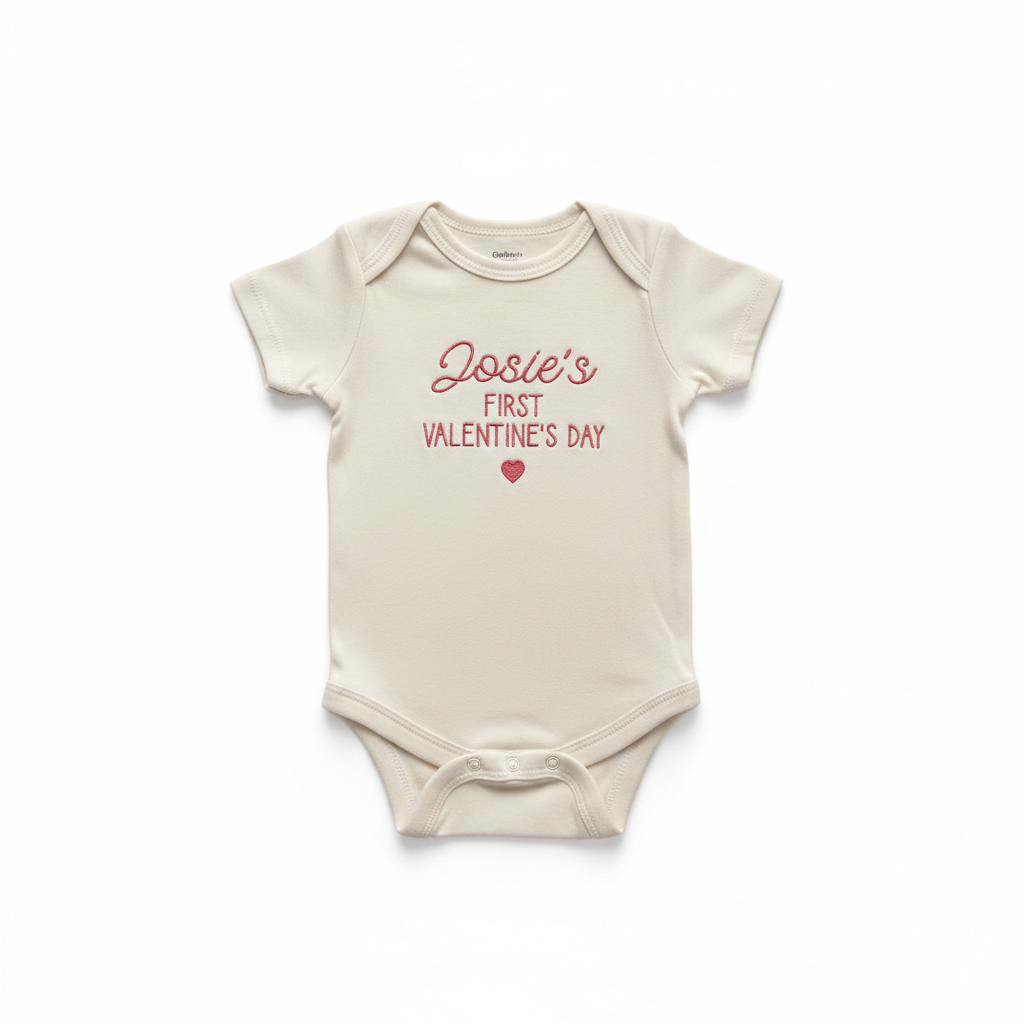 A cream colored baby bodysuit with "Josie's First Valentine's Day" embroidered on the front in pink thread