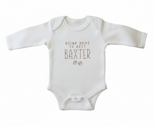 A white colored baby bodysuit with "Going Home To Meet Baxter" and two paw prints embroidered on the front in gold thread
