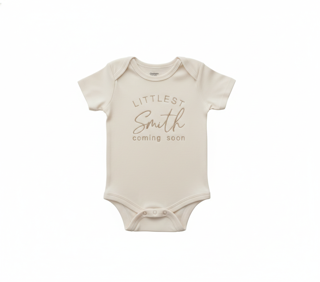 A cream colored baby bodysuit with "Littlest Smith Coming Soon" embroidered on the front in gold thread